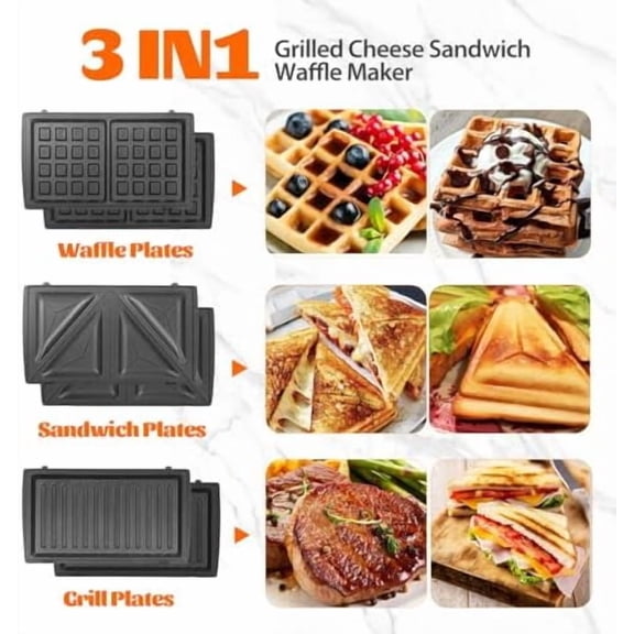 Sandwich Maker Panini Press Grill, 3 in 1 Waffle Maker with Removable Non-stick Plates, Electric Grilled Cheese Maker, Portable Cool Touch Handle, Led Indicator Lights & Easy to Clean, 750W