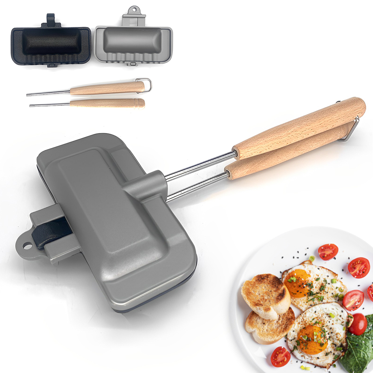 Sandwich Maker with Wooden Handle Nonstick Sandwich Grill Pan Double