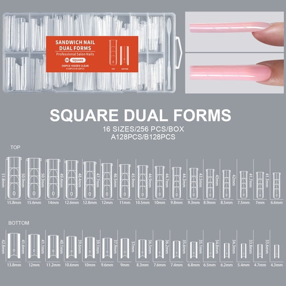 Sandwich Nail Dual Forms, Square Top & Bottom for Builder Gel 256 Pcs Reusable Nail Forms Guide Lines Nail Mold for Nails Extension,Salon & Home DIY Nail Art Tools