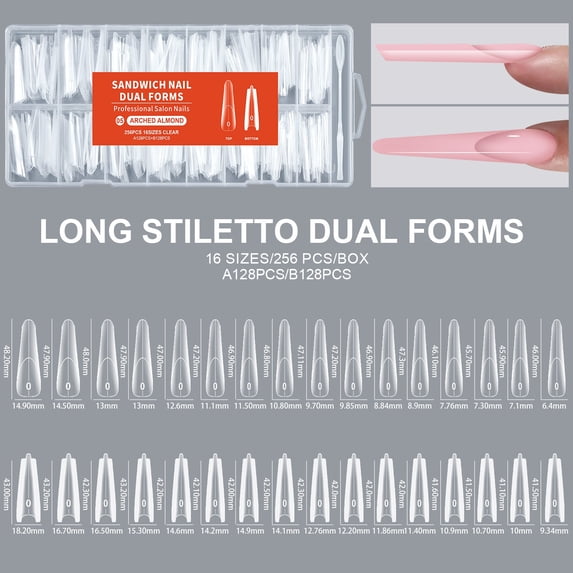 Sandwich Nail Dual Forms, Stiletto Top & Bottom for Builder Gel 256 Pcs Reusable Nail Forms Guide Lines Nail Mold for Nails Extension,Salon & Home DIY Nail Art Tools
