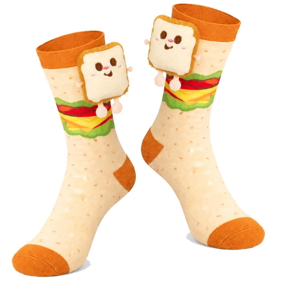 Sandwich Toast 3D Plush Novelty Crew Socks, Silly & Funny Cotton Food Themed Stocking Stuffers, Crazy Birthday Christmas Gifts for Men and Women, 1 Pair