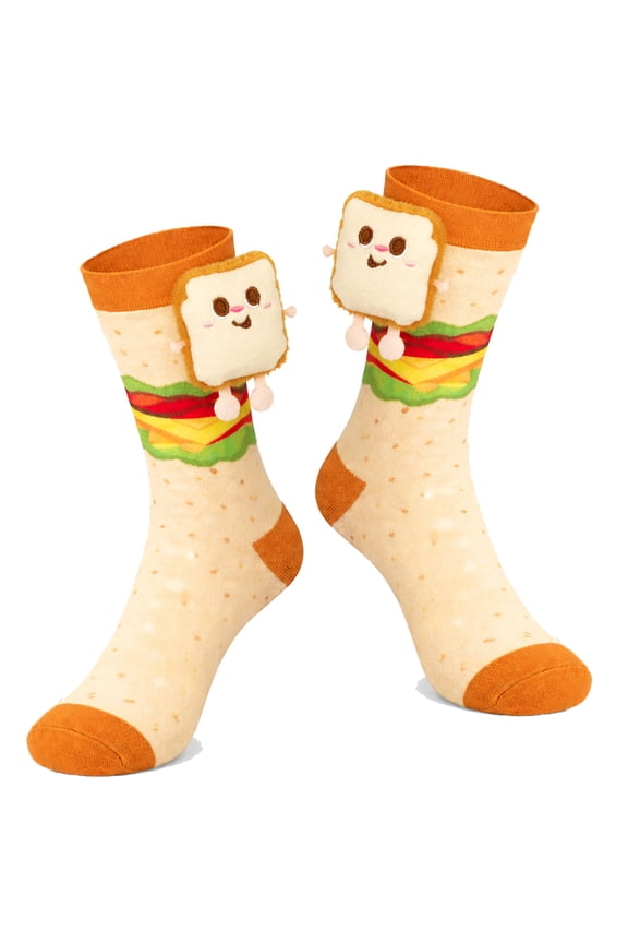 Sandwich Toast 3D Plush Novelty Crew Socks, Silly & Funny Cotton Food Themed Stocking Stuffers, Crazy Birthday Christmas Gifts for Men and Women, 1 Pair