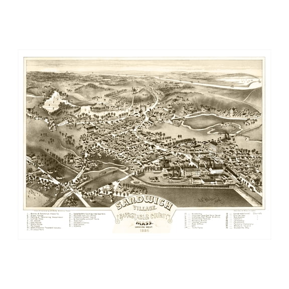 Sandwich Village Art, 1884 Vintage Map of Sandwich Village Massachusetts, MA History Wall Decor Gift, Old Sandwich Village Map - 24" x 18" Unframed Print