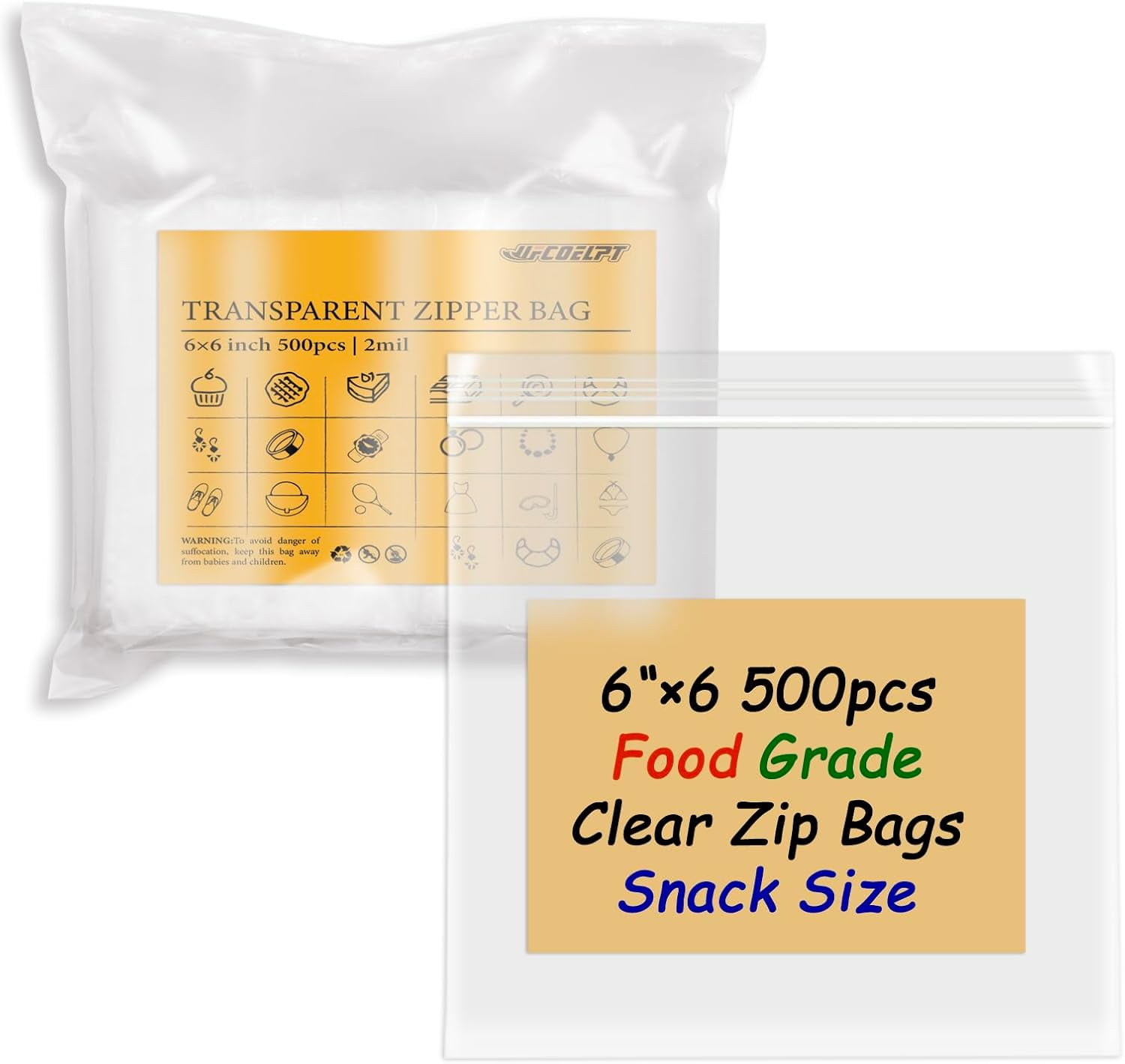 Sandwich Ziplock Bags Bulk 500 Count, 6"×6"|15.24×15.24cm, Food Grade Clear Plastic Zip Bags for Snacks, Treats, Small Items Storage and Organize