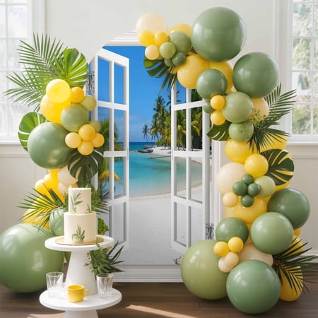 Sandy Beach Arch Backdrop Cover, 4FT, Coconut Trees Sky Windows View Spandex Arch Covers Double-Sided Backdrop for Wedding Birthday Party Photo Background Decoration