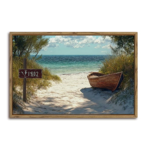 Sandy Beach Boat Seascape Horizontal Canvas Wall Art with Lightweight Foam Frame - Durable and Ready to Hang, Modern Decorative Print for Living Room, Bedroom, Or Office