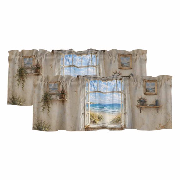 Sandy Beach Dunes 2 Panels Kitchen Valance, Coastal Open Window Blue Sea Waves Landscape Curtains Valances for Small Windows Rod Pocket Window Treatments for Living Room Bedroom 42" W x 12" L