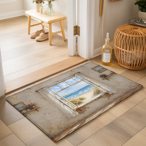 Sandy Beach Dunes 2'x3' Small Rugs for Entryway Front Door Kitchen Sink Area, Coastal Open Window Blue Sea Waves Landscape Soft Sturdy Mats Washable Non Slip Rectangle Area Rug