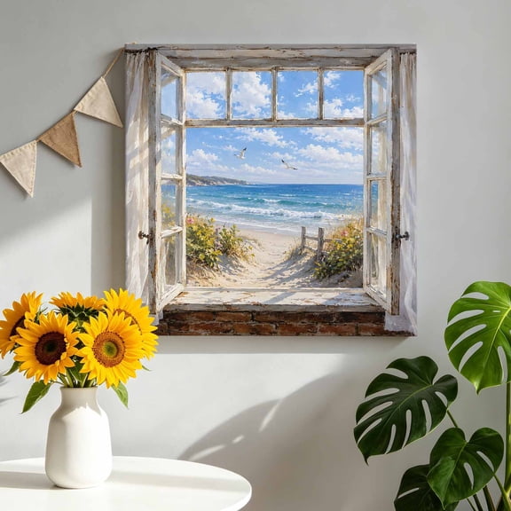 Sandy Beach Dunes Canvas Wall Art, Coastal Open Window Blue Sea Waves Landscape Framed Picture Canvas Wall Art Print Decor Artwork Decorations for Living Room Bedroom Ready to Hang 8" x 8"