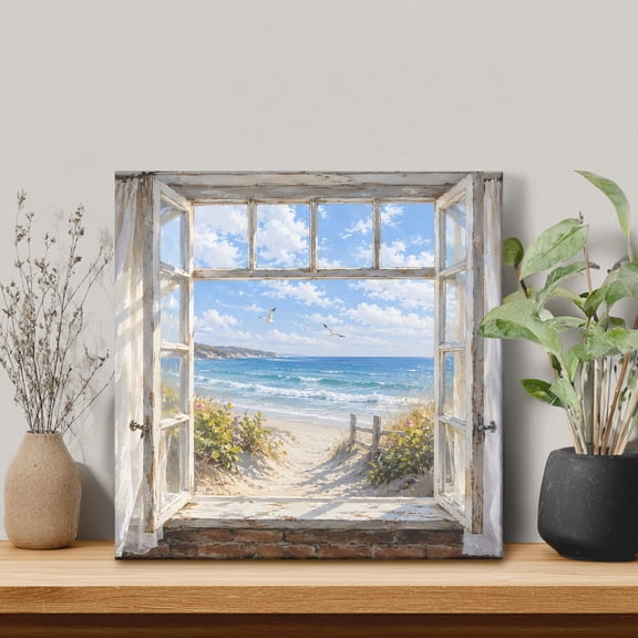 Sandy Beach Dunes Framed Canvas Wall Art, Coastal Open Window Blue Sea Waves Landscape Wall Art Painting for Living Room Bedroom Home Decor, 8"x8", Office Artwork Print