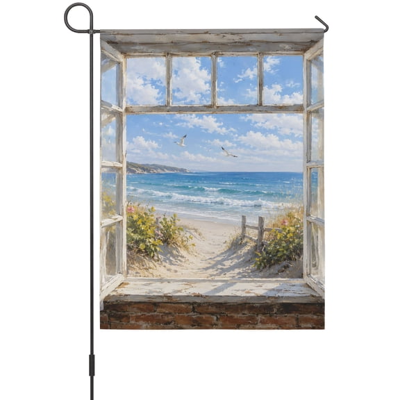 Sandy Beach Dunes Garden Flags For Outdoor, Coastal Open Window Blue Sea Waves Landscape Small Double Side Yard Flags Weather Proof Garden Decor for Lawn Outside Holiday 12 x 18 Inches