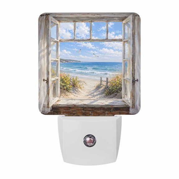 Sandy Beach Dunes Night Lights, Coastal Open Window Blue Sea Waves Landscape Smart Auto Dusk to Dawn Sensor Nightlights Plug-in Nightlight for Bedroom Bathroom Living Room Kitchen Hallway