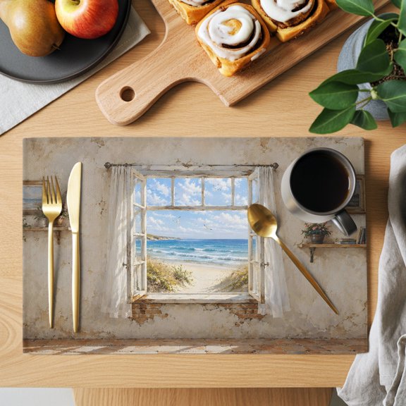 Sandy Beach Dunes Placemats Set of 1 Coastal Open Window Blue Sea Waves Landscape Heat Insulation Non-Slip Place Mats Washable Table Mats for Dining room Party Kitchen Decor, 13 x 19 Inches