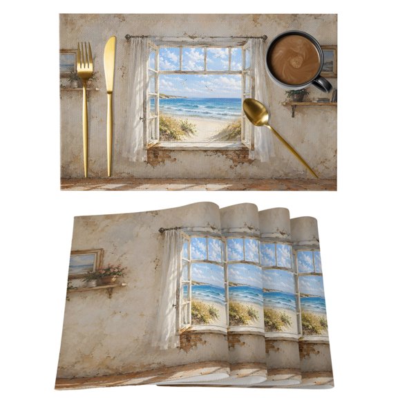 Sandy Beach Dunes Placemats Set of 1, Coastal Open Window Blue Sea Waves Landscape Non-Slip Place Mats Washable Table Mats for Kitchen Dining Table Decorations Indoor/Outdoor