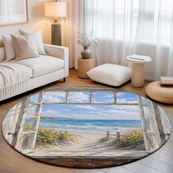 Sandy Beach Dunes Round Area Rugs 3 ft, Coastal Open Window Blue Sea Waves Landscape Washable Small Area Rug with Non-Slip Sturdy Edge Binding Round Front Door Mat Floor Carpet for Entryway