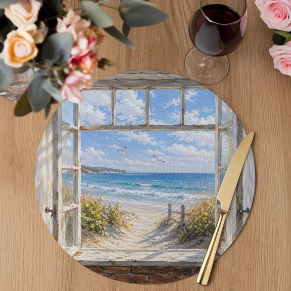 Sandy Beach Dunes Round Braided Placemats Set of 2, Coastal Open Window Blue Sea Waves Landscape Heat Insulation Place Mats Washable Non-Slip Table Mats for Kitchen Dining Party, 13 Inches
