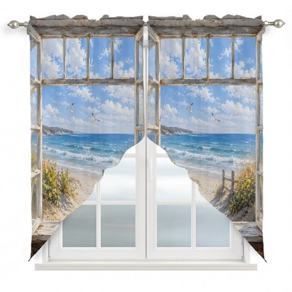 Sandy Beach Dunes Swag Valance Curtains Coastal Open Window Blue Sea Waves Landscape Rod Pocket Swag Curtains Small Window Treatments for Kitchen Bathroom Bedroom 36" W x 63" L, 2 Panels
