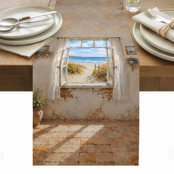 Sandy Beach Dunes Table Runner, Coastal Open Window Blue Sea Waves Landscape Washable Kitchen Table Runners Dress Scarves for Dining Table Decorations Party/Restaurant/Indoor Outdoor Use, 13x48in