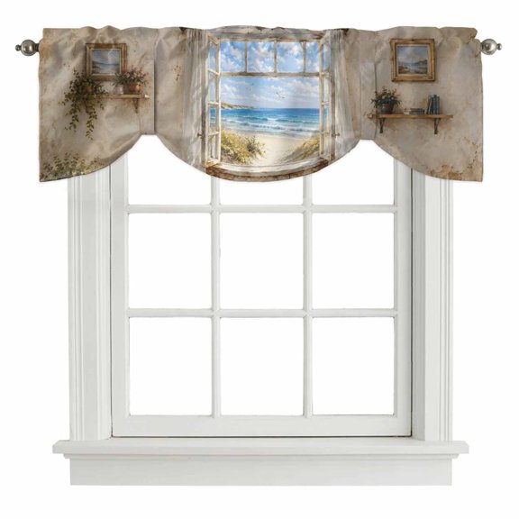 Sandy Beach Dunes Tie Up Valances Curtain, Coastal Open Window Blue Sea Waves Landscape Adjustable Valance for Window Light Filtering for Kitchen and Bathroom Rod Pocket 1 Panel 42x12in