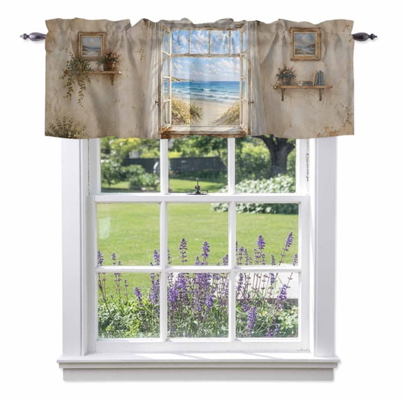 Sandy Beach Dunes Valance Curtain 1 Panel, Coastal Open Window Blue Sea Waves Landscape Kitchen Valance with Rod Pocket Window Treatment Short Curtains for Bathroom Bedroom, 54 x 18 Inches