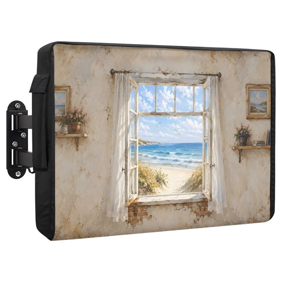 Sandy Beach Dunes Waterproof Outdoor TV Cover, Coastal Open Window Blue Sea Waves Landscape Outside Weatherproof TV Enclosures for 80 to 85 Inch LCD Television Shield Flat Screen Protectors