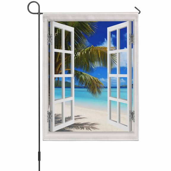 Sandy Beach Garden Flags For Outdoor, Coconut Trees Seascape Windows View Small Double Side Yard Flags Weather Proof Garden Decor for Lawn Outside Holiday 12 x 18 Inches