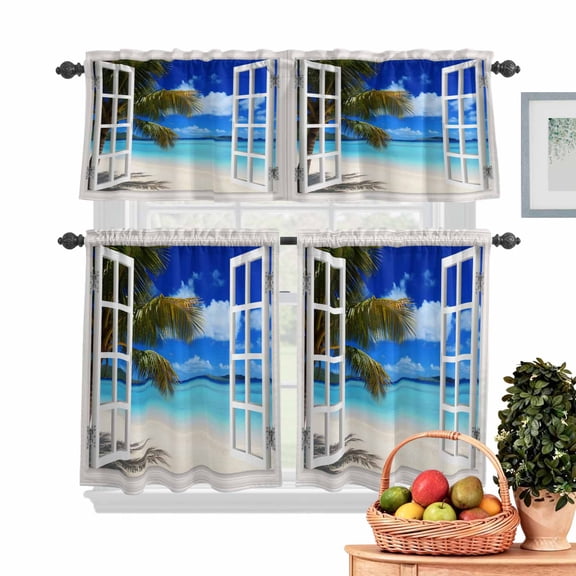Sandy Beach Kitchen Curtains Valances 3 Piece Set, Coconut Trees Seascape Windows View Rod Pocket Tier Curtain and Valance Drapes for Small Window 24 Inch Length for Bedroom Cafe