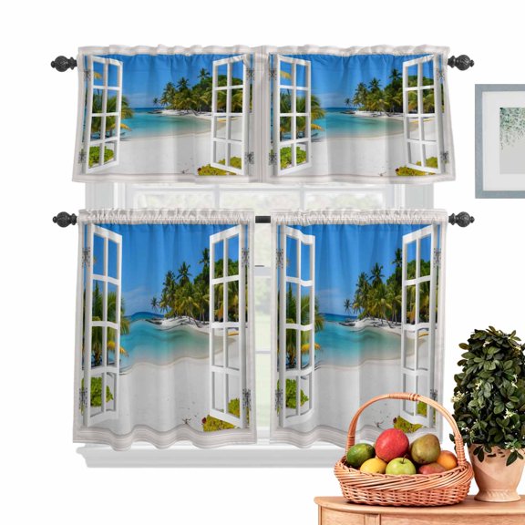 Sandy Beach Kitchen Curtains Valances 3 Piece Set, Coconut Trees Sky Windows View Rod Pocket Tier Curtain and Valance Drapes for Small Window 24 Inch Length for Bedroom Cafe