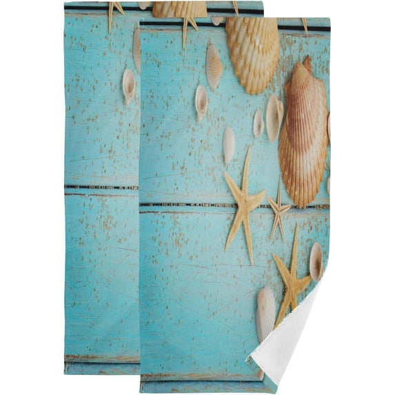 Sandy Beach Kitchen Hand Towels 2 PCS, Blue Retro Wooden Fingertip Bath Towels Ultra Soft and Highly Absorbent, Decorative Face Towels Dish Washcloths, 28.3"x14.4"