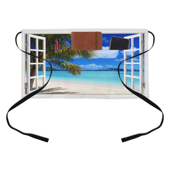 Sandy Beach Kitchen Restaurant Half Waist Apron, Coconut Trees Seascape Windows View Server Short Apron with 3 Pockets Waterproof Oil Waist Aprons for Women Waitress Waiter
