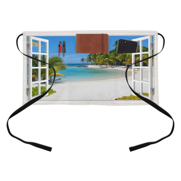 Sandy Beach Kitchen Restaurant Half Waist Apron, Coconut Trees Sky Windows View Server Short Apron with 3 Pockets Waterproof Oil Waist Aprons for Women Waitress Waiter