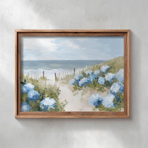 Sandy Beach Path Poster Print, Blue Hydrangea, Coastal Cottagecore, Light Airy Wall Art Decor, Calm Coastal Style