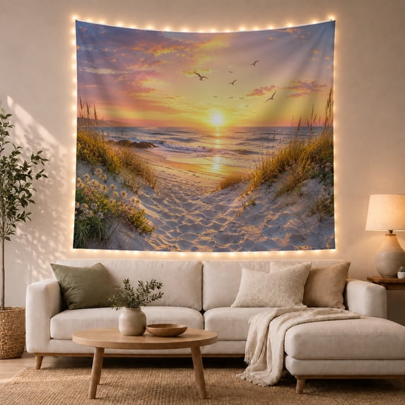 Sandy Beach Path with Sea Grass at Golden Sunset, Serene Coastal for Beach Lovers, Ocean Nature Wall Art, Housewarming Gift, Tapestry Wall Hanging for Bedroom and Living Room