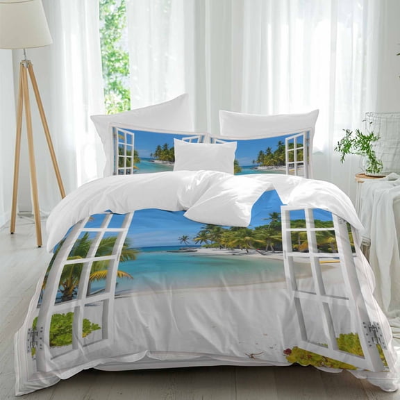 Sandy Beach Queen Size Comforter Set, Coconut Trees Sky Windows View Bedding for All Seasons, 4 Pcs Bed Set, 1Quiltcover (90"x92") ,1Sheet(94"x116"), 2Pillowcases (30"x20")