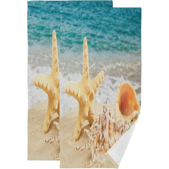 Sandy Beach Seashell Kitchen Hand Towels, Starfish Sea Fingertip Bath Towels Ultra Soft and Absorbent, Decorative Face Towels Dish Washcloths, 2 PCS, 28.3"x 14.4"