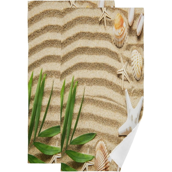 Sandy Beach Seashells Kitchen Hand Towels 2 PCS, Tropical Summer Starfish Fingertip Bath Towels Ultra Soft and Highly Absorbent, Decorative Face Towels Dish Washcloths, 28.3"x14.4"