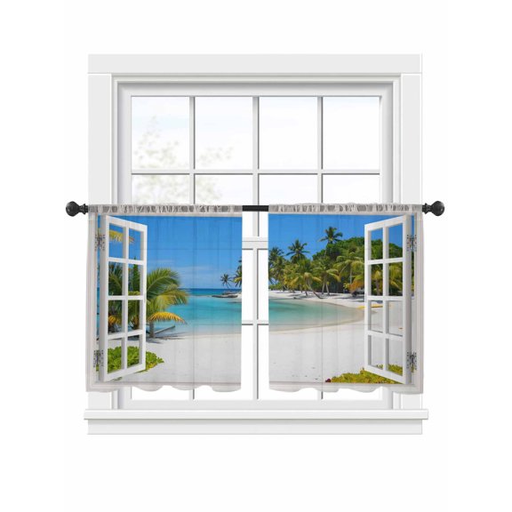 Sandy Beach Sheer Curtains 2 Panels Set Coconut Trees Sky Windows View Sheer Window Curtains Light Filtering Rod Pocket Voile Drapes for Bedroom Living Room 52"x54"