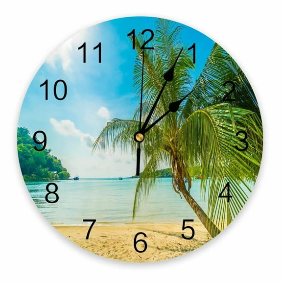 Sandy Beach Tropical Palm Trees Decorative Round Wall Clock Custom Design Non Ticking Silent Bedrooms Large Wall Clock(12 Inch)