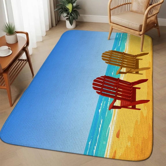 Sandy Chairs Area Rugs for Living Room 5x6, Summer Beach Ocean Blue Sky Washable Area Rug with Non Slip Backing, Stain Resist Linen Carpet for Bedroom, Dining Room, Entryway, Entrance