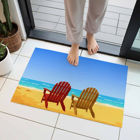 Sandy Chairs Indoor Door Mat 20x31.5 Inch Summer Beach Ocean Blue Sky Front Door Mat Non Slip Washable Entryway Rug Low Profile Dirt Trapper Doormat for Bathroom Kitchen Bedroom