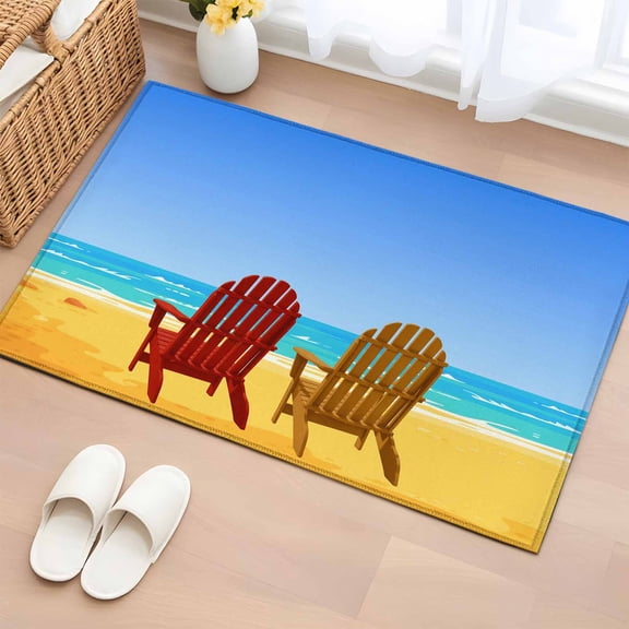Sandy Chairs Washable Small Entryway Area Rugs 2'x3', Summer Beach Ocean Blue Sky Low Pile Throw Rug Non-Slip Sturdy Edge Binding Carpet for Front Door Floor Room Entry
