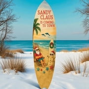 JennyGems Sandy Claus Christmas Surfboard Wall Art   Outdoor PVC Holiday Wall Decor with Santa Snowman Dolphins, Beachy Christmas Porch or Coastal Yard Decoration 3 Foot