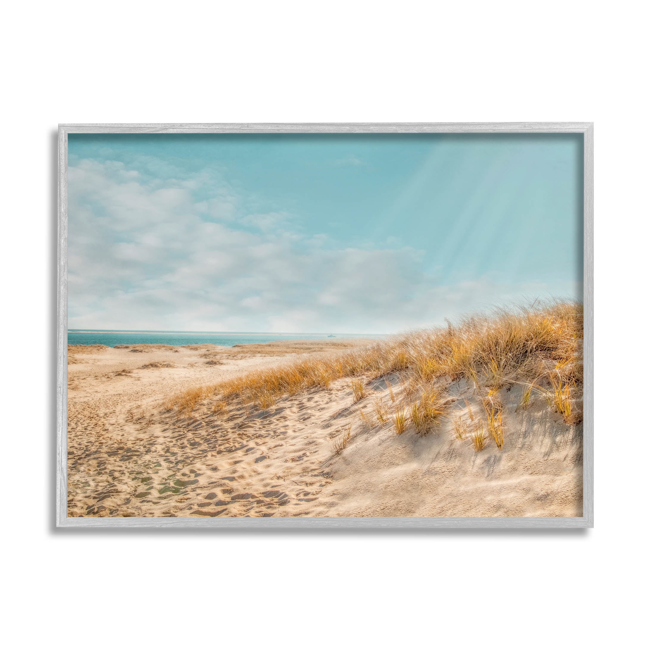 Sandy Ocean Beach Sun Rays Coastal Photograph Gray Framed Art Print Wall Art