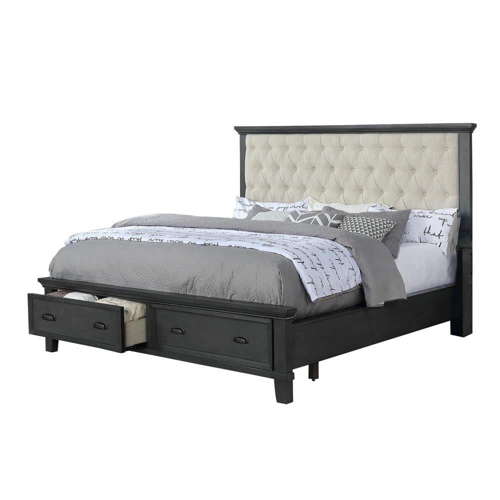 Espresso Queen Platform Bed with Beige Tufted Headboard and Storage