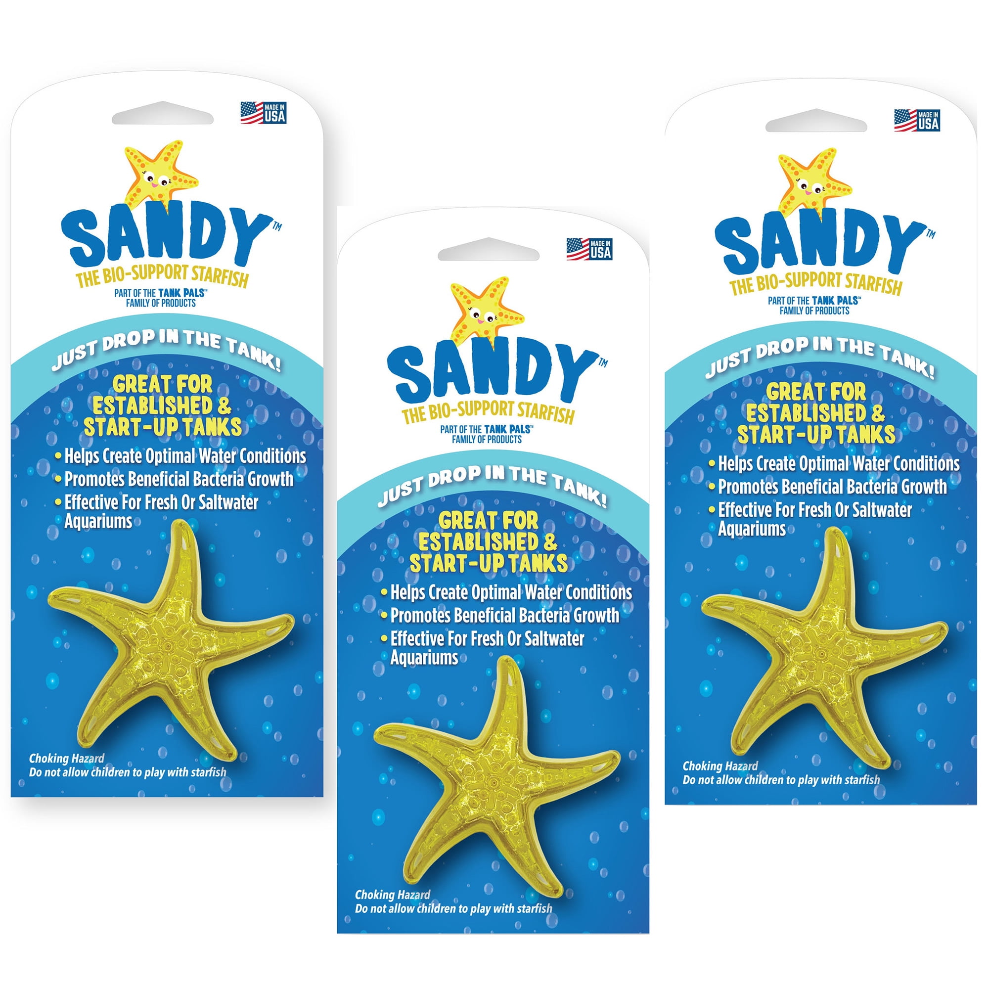 Tank Pals: Sandy The Bio-Support Starfish - 3 Pack, Yellow- Promotes A Healthy Balanced Aquarium Ecosystem, Probiotic Growth, Tank Environment Control