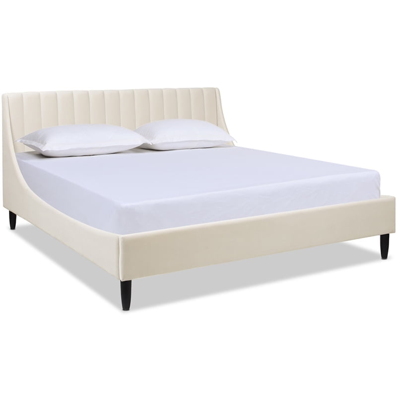 Aspen French Beige Velvet Upholstered King Platform Bed with Tufted Headboard
