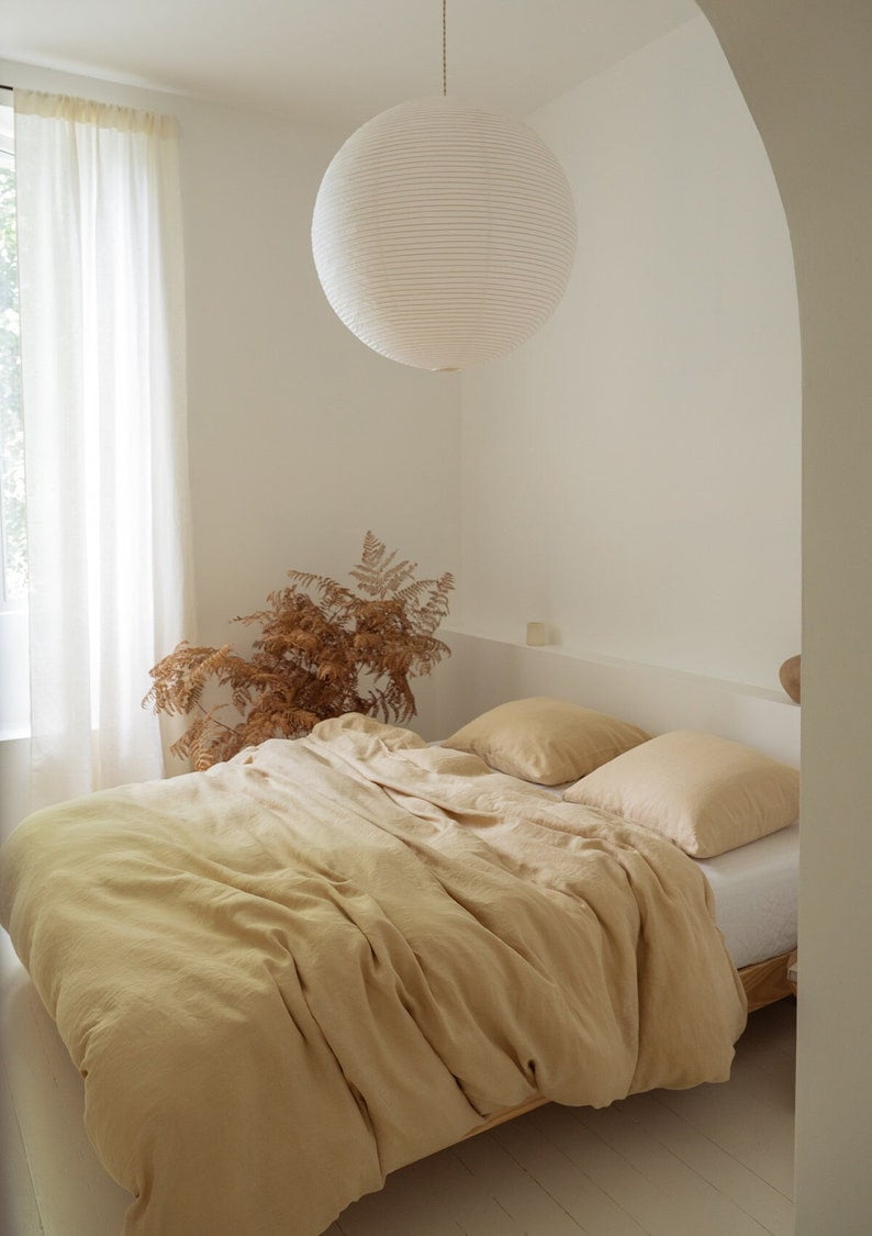 Sandy yellow linen duvet cover, washed linen bedding, linen comforter