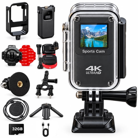 Saneen 4K Action Vlogging Camera 1.3" Touchscreen Wearable Cameras with Detachable Charging, EIS Stabilization, 120° Wide-Angle Lens, Waterproof Case & 32GB Card