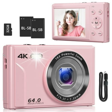 Saneen Digital Camera 4K 64MP Compact Point and Shoot 2.8'' Autofocus with 16X Zoom Anti Shake 32GB Card Mini Cameras for Teens (Pink)