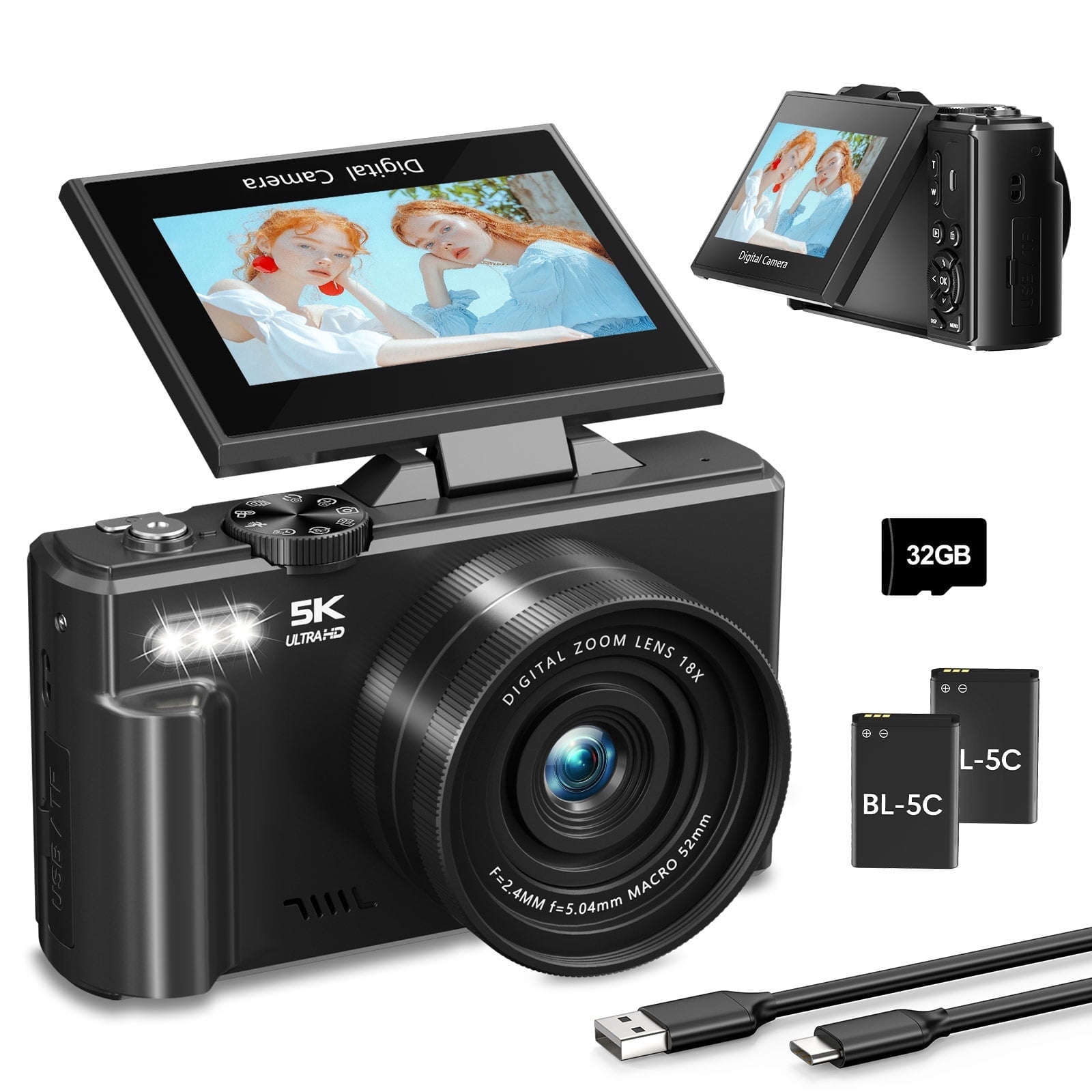 Saneen 5K 75MP Digital Camera Wifi Autofocus Vlogging Camera for YouTube 3" 180° Flip Screen Travel Video Cameras for Photography with 18X Zoom, 32GB Card